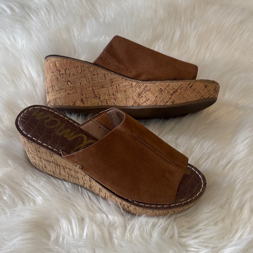 Sam Edelman Brown Suede Cork Wedge Slides